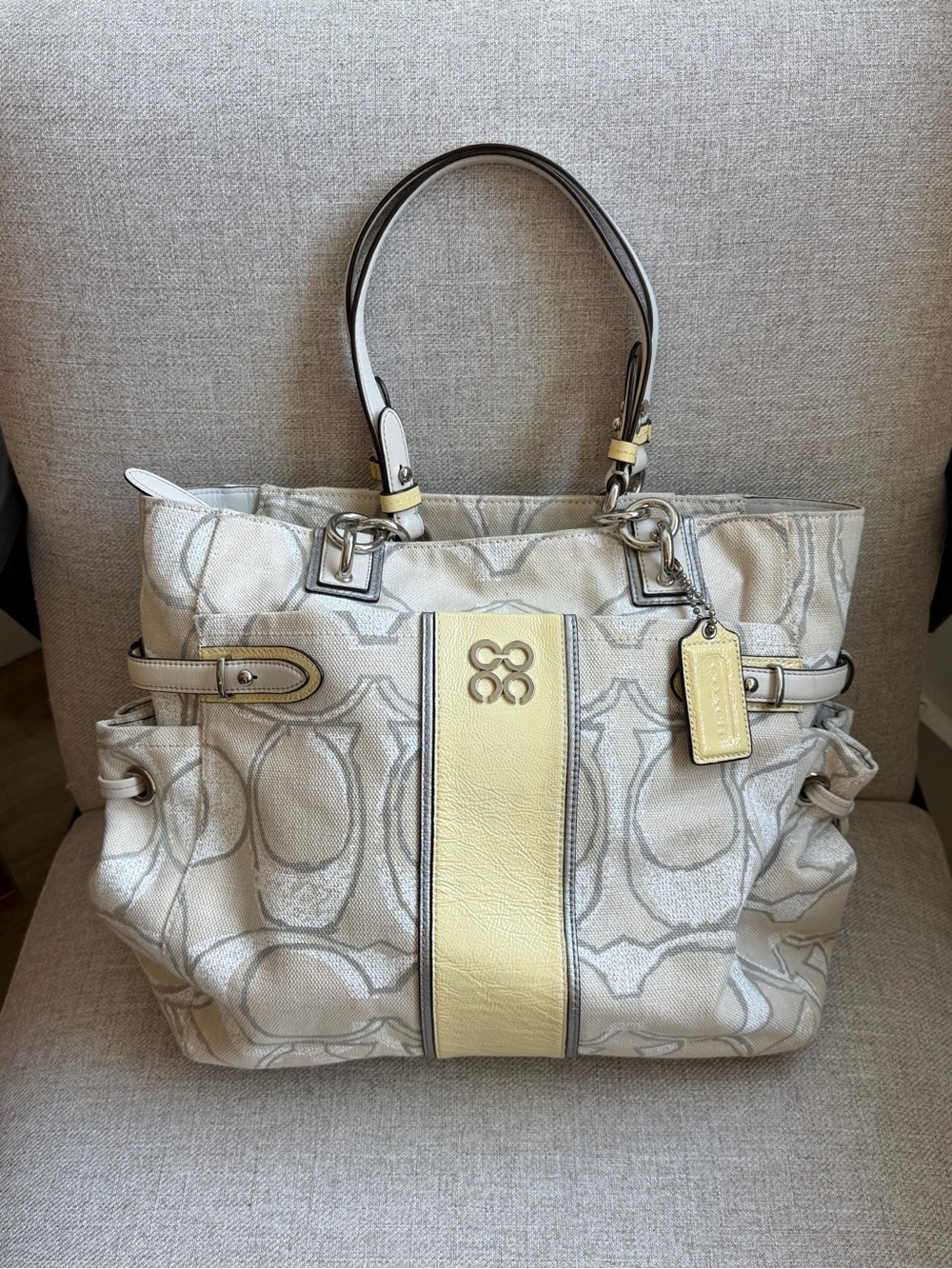 Coach Beige Canvas Tote with Pale Yellow Leather Center Stripe